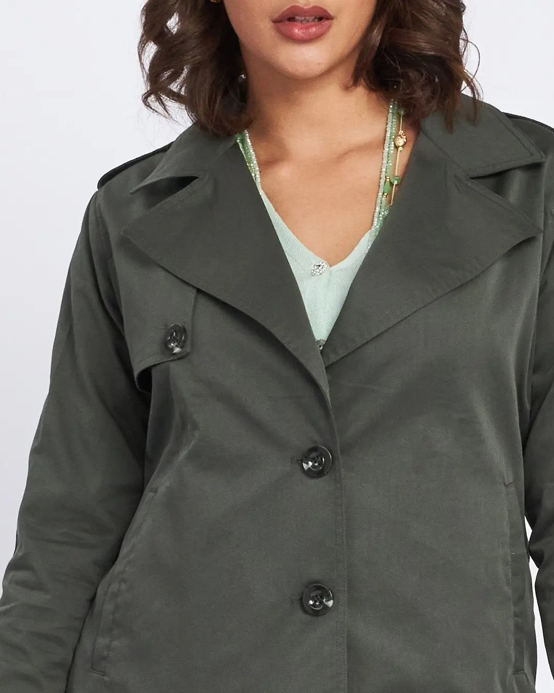 Trench corto con sprone laterale, collo e rever MILITARE - Image 3