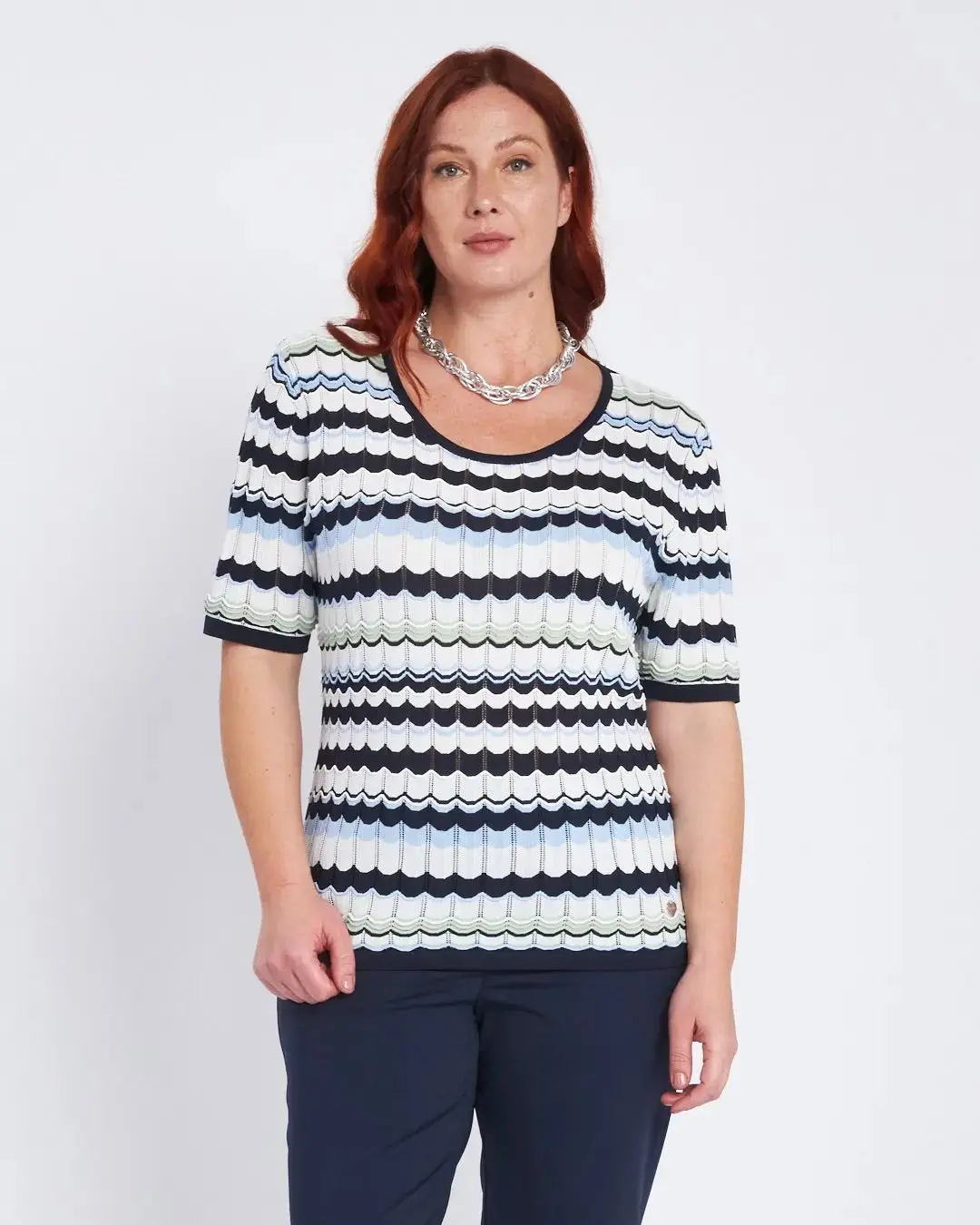 Maglia girocollo a righe ondulate con trafori BLU - Image 2