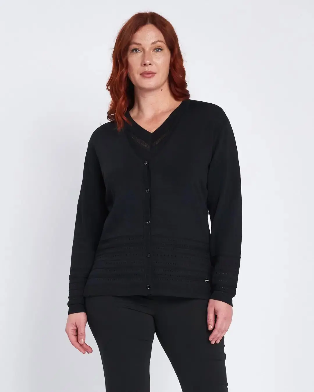 Cardigan con bottoni e trafori sul fondo NERO - Image 3