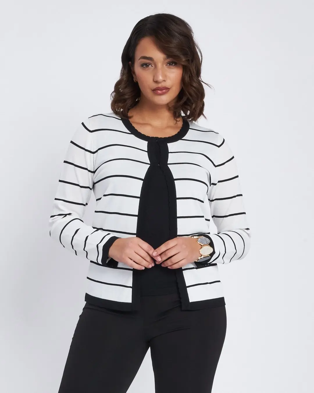 Maglia finto twin set a righe con pattine e ganci NERO
