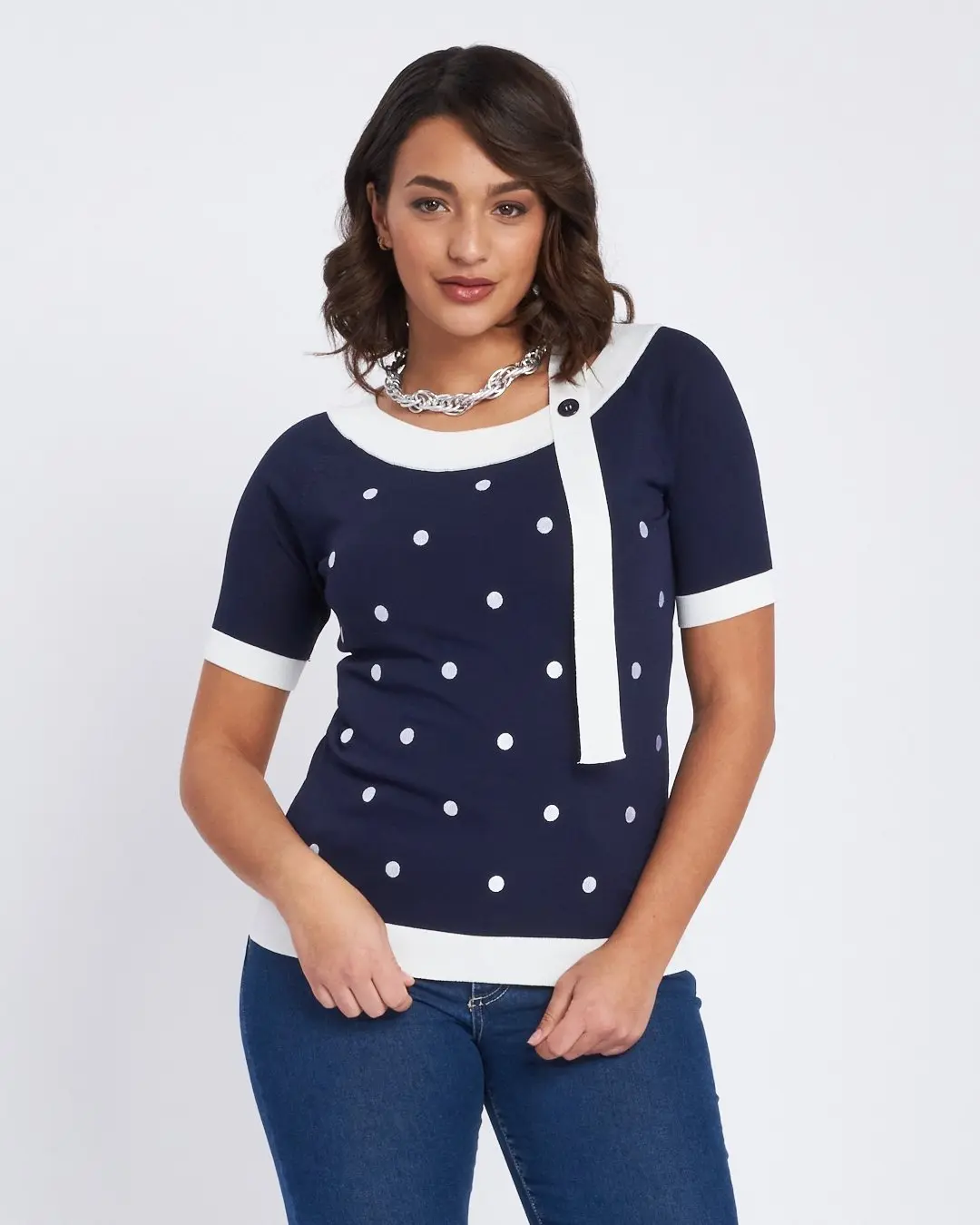 Maglia a pois con cinturino pendente BIANCO