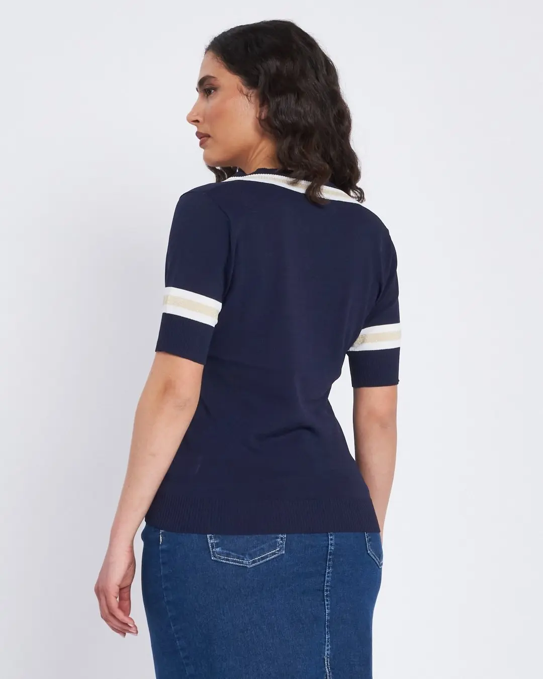 Maglia scollo a V con orli a costine bicolor BLU - Image 4