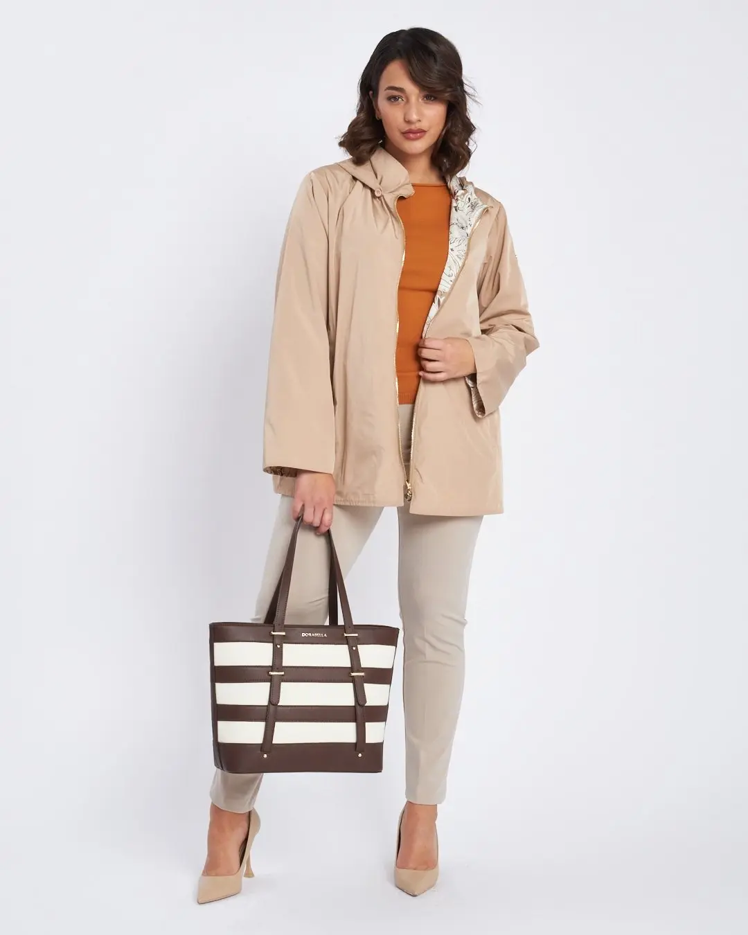 Shopper con manici e inserti a righe in ecopelle MORO - Image 5