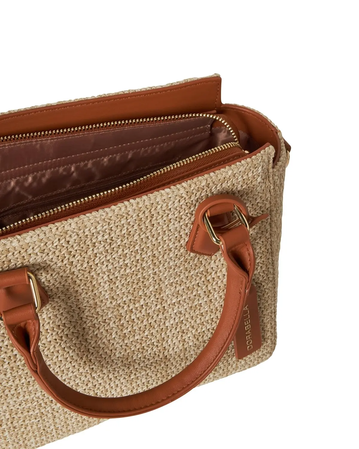 Borsa in raffia con inserti in ecopelle CUOIO - Image 4