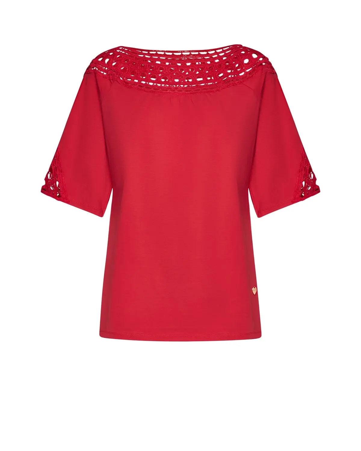 T-shirt scollo a barca con intarsio forato ROSSO - Image 2