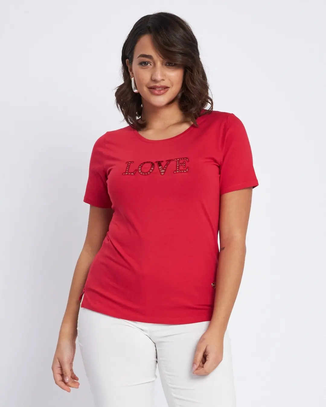 T-shirt con scritta ricamata con trafori ROSSO - Image 5