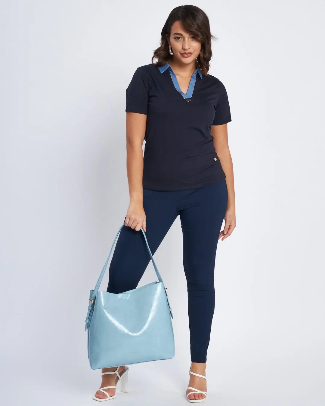 T-shirt con inserto in chambray e microchain BLU - Image 5