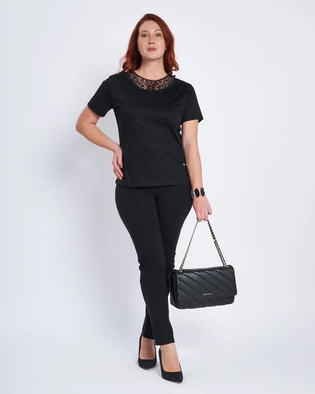 T-shirt con inserto sangallo al girocollo NERO - Image 5