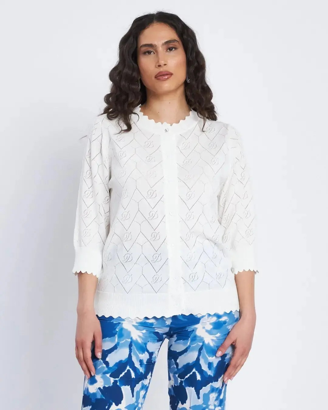 Maglia con texture a trafori e bottoni frontali BIANCO - Image 3