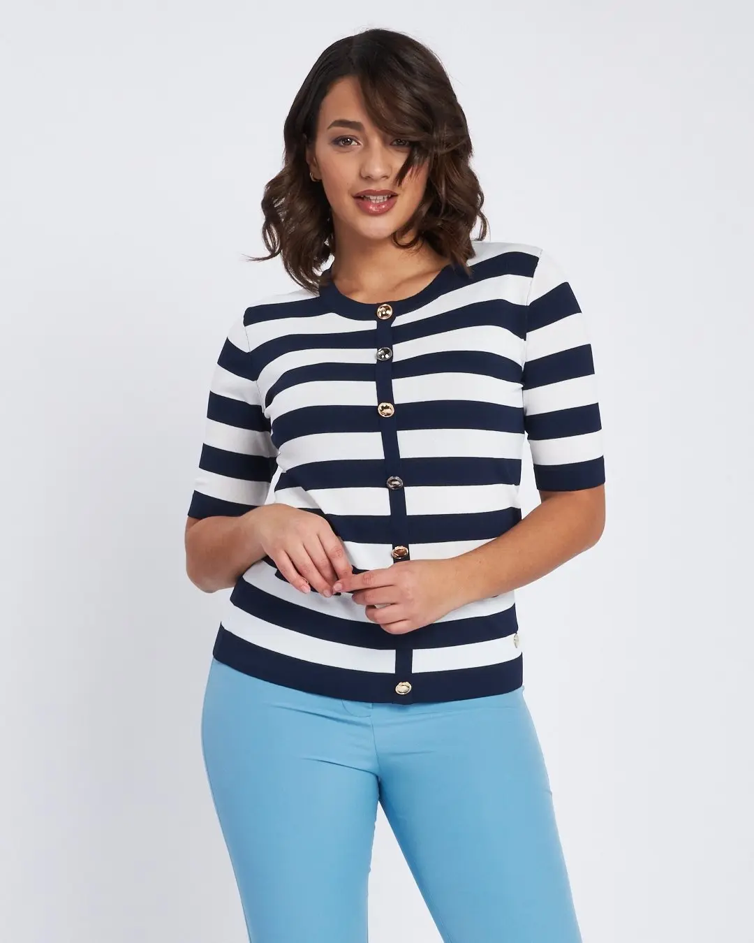 Maglia girocollo a rigehe con bottoni BLU