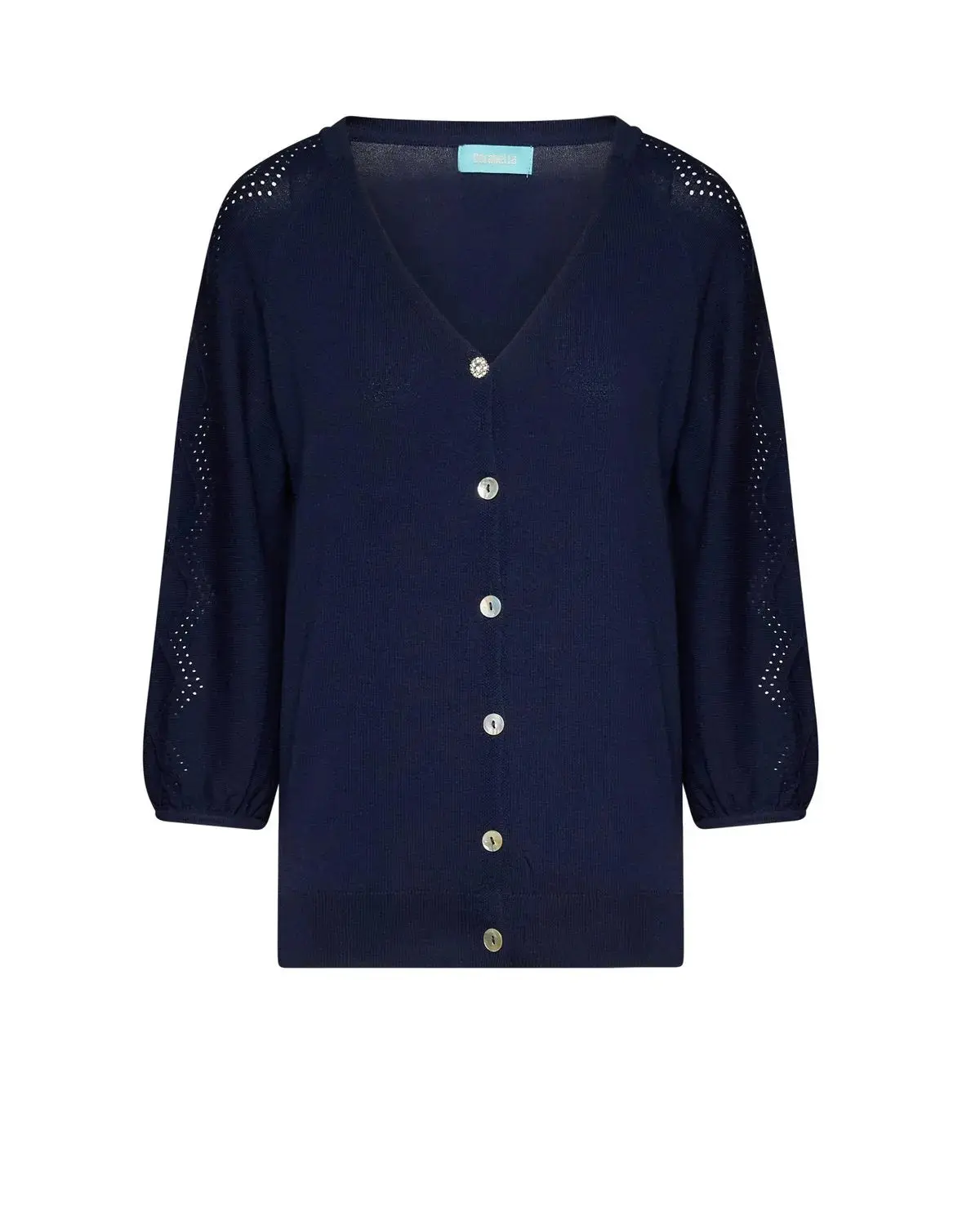 Cardigan scollo a V con bottoni e maniche a trafori BLU