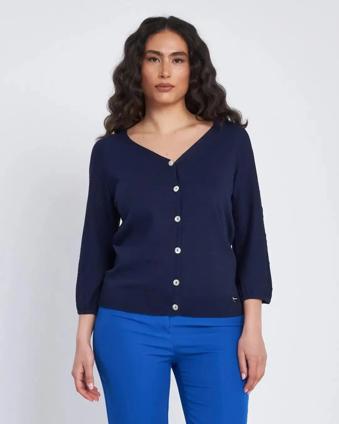 Cardigan scollo a V con bottoni e maniche a trafori BLU - Image 2