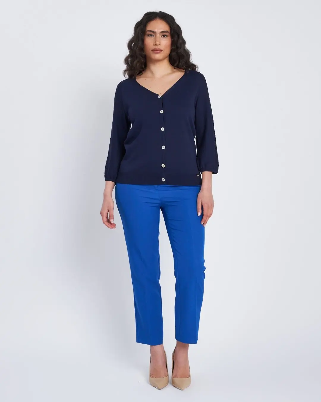 Cardigan scollo a V con bottoni e maniche a trafori BLU - Image 6