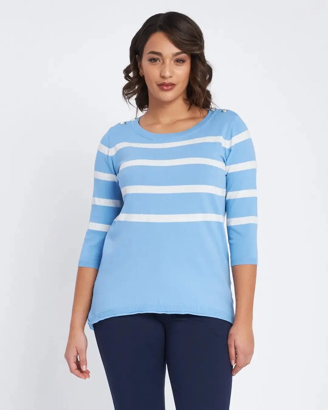 Maglia a righe in misto lurex con bottoni CELESTE - Image 3