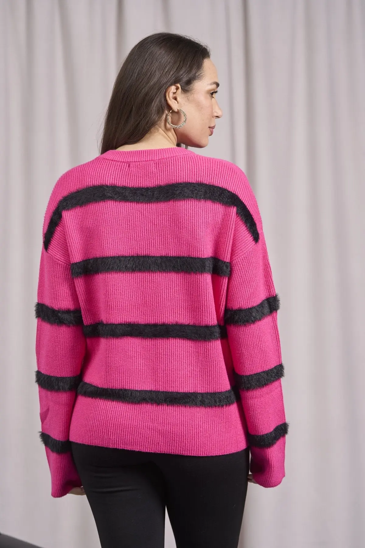 Maglia girocollo a righe con costine FUXIA - Image 4