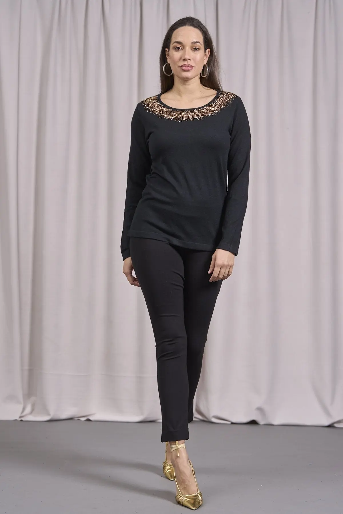 Maglia girocollo in lurex con polsi e bottoni NERO - Image 4