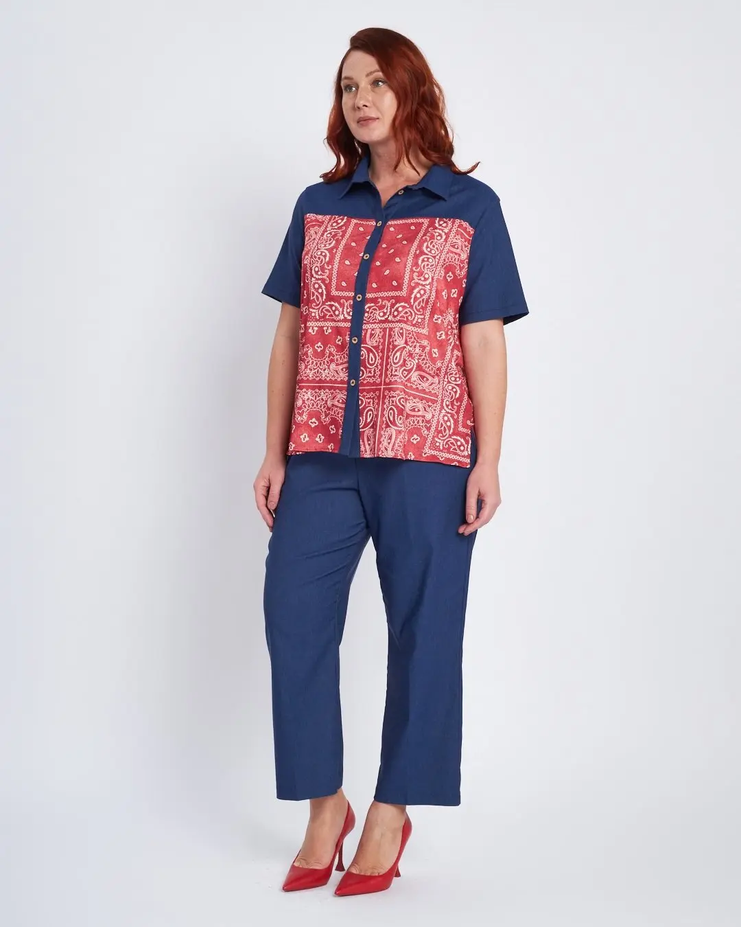 Camicia a fantasia con inserti chambray BLU - Image 5