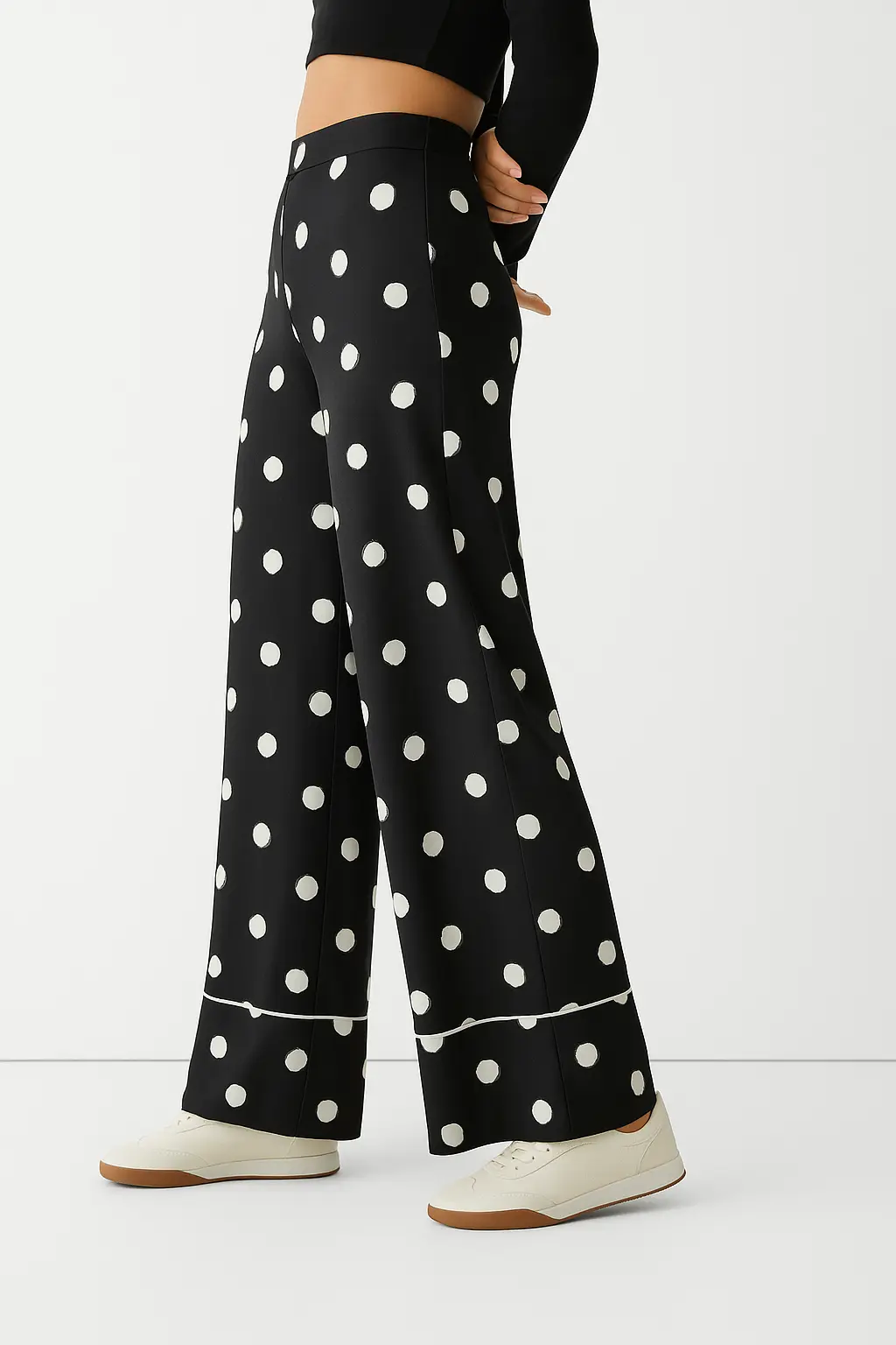 Pantaloni wide leg stampati con piping frontale NERO - Image 2