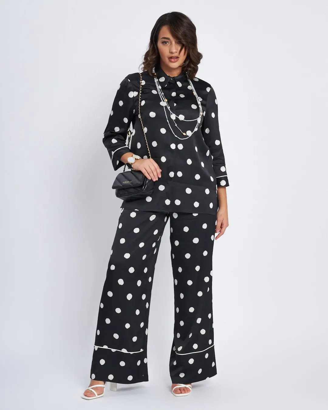 Pantaloni wide leg stampati con piping frontale NERO - Image 3