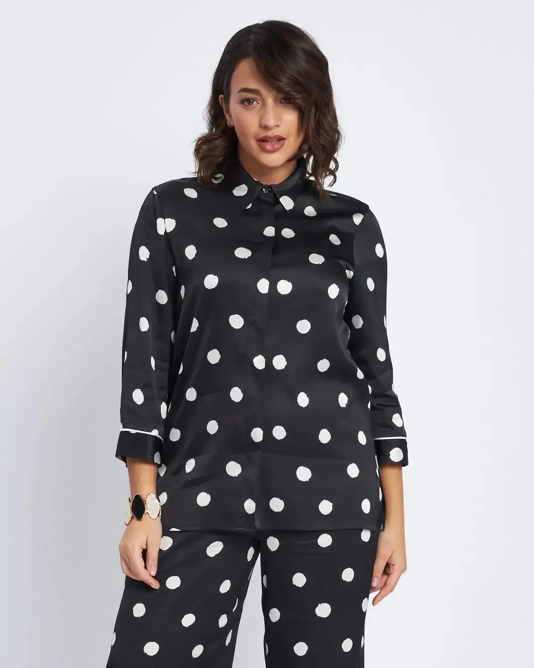 Camicia in raso di viscosa con stampa pois NERO - Image 2