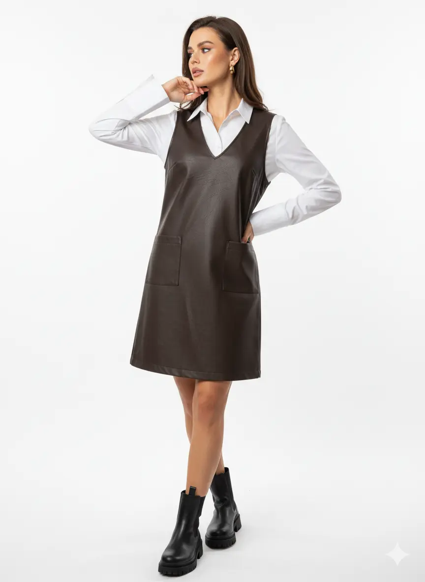 Abito in eco pelle con scollo a V - Image 8