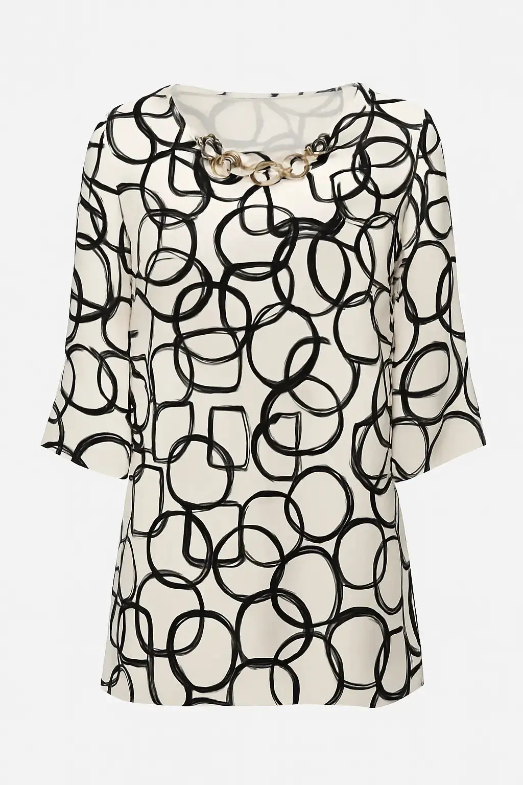 Blusa ampia e lunga in raso stampato a fantasia con accessorio scollo