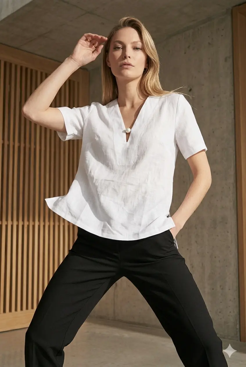 Blusa bi-materiale in Lino - Image 5