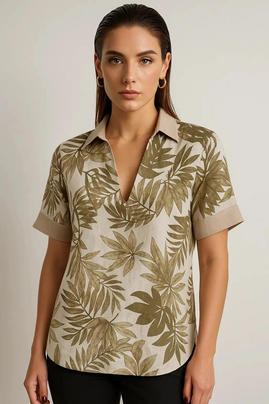 Blusa in lino stampato con inserti a tinta unita - Image 2