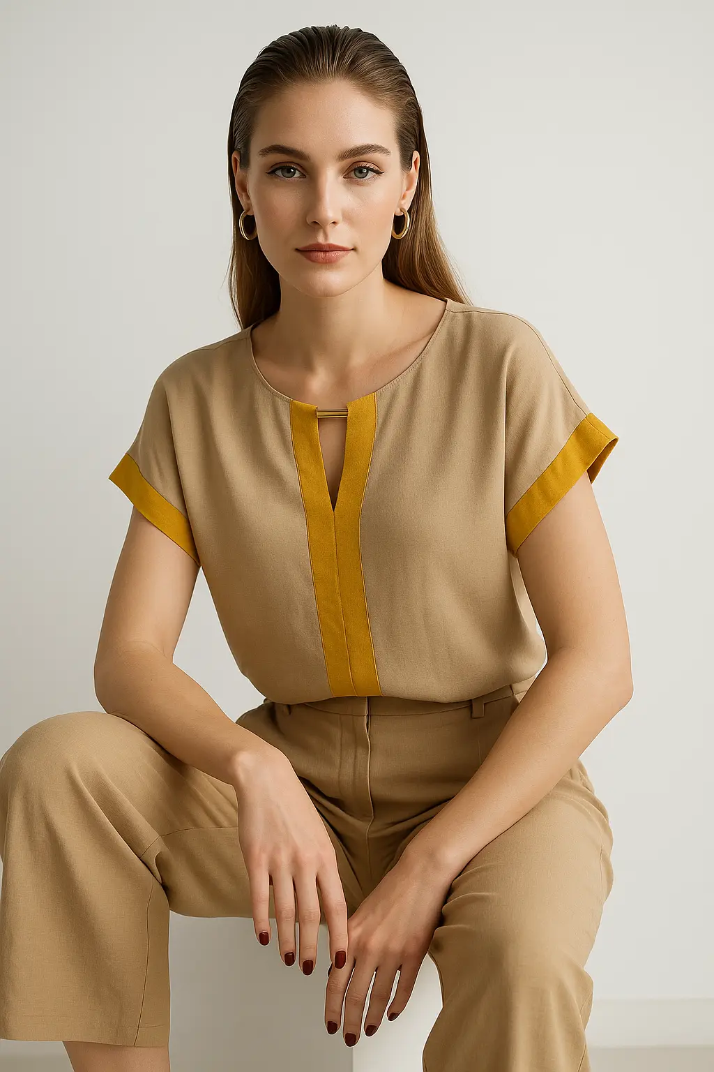 Blusa in viscosa bicolor con accessorio nello scollo