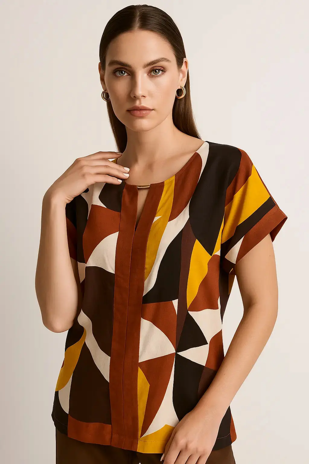 Blusa in viscosa con davanti stampato ed inserti a tinta unita - Image 2