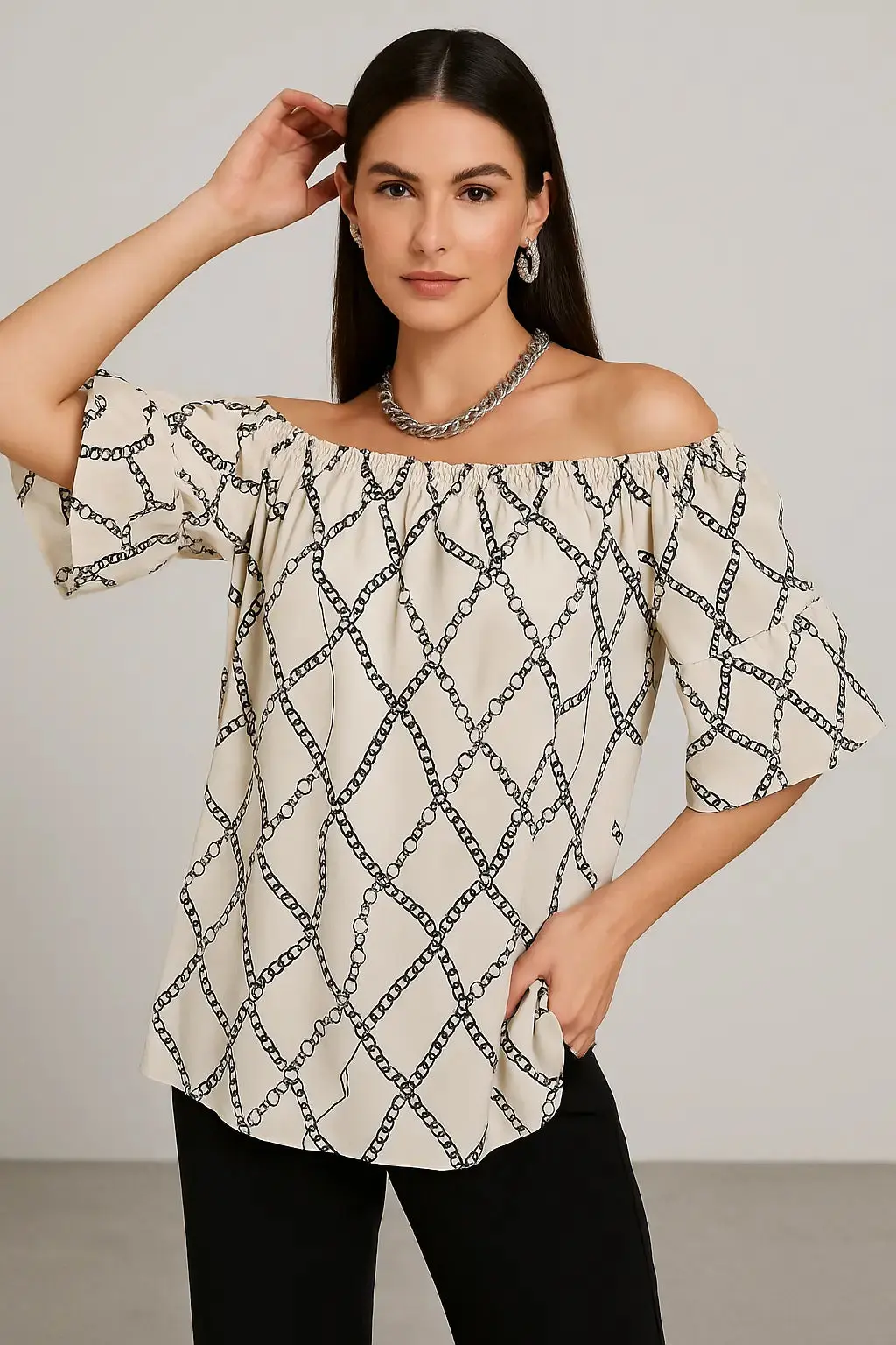 Blusa stampata con scollo omerale elasticizzato con balze - Image 12