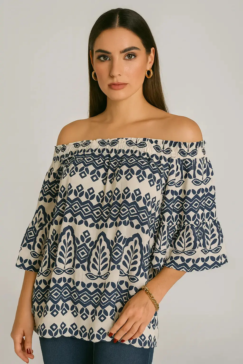 Blusa stampata con scollo omerale elasticizzato con balze - Image 16