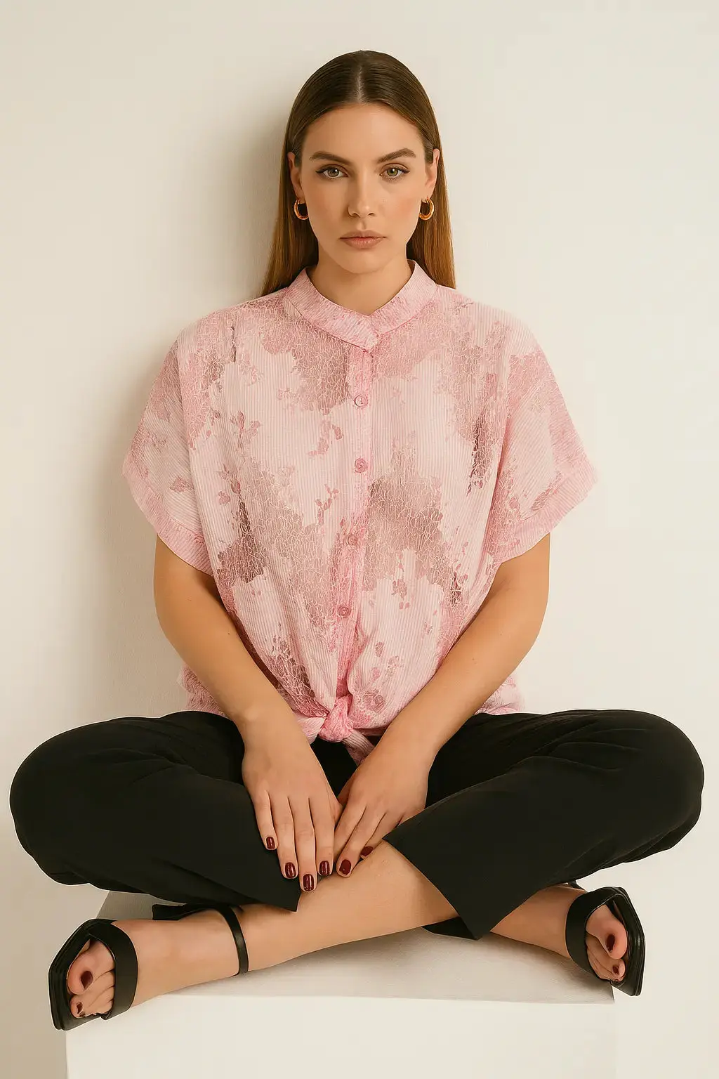 Camicia con manica kimono , abbottonatura e nodo frontali - Image 8