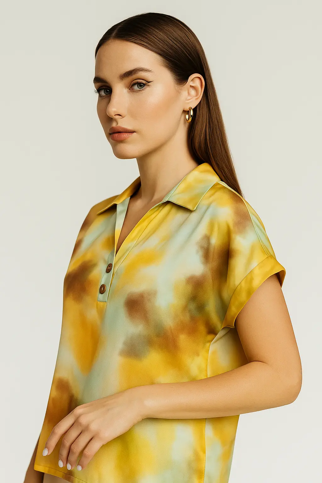 Camicia con scollo a v, colletto e bottoni in viscosa a fantasia - Image 3