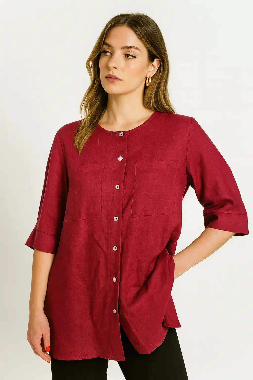Camicia girocollo con tasche frontali in misto lino e viscosa - Image 2