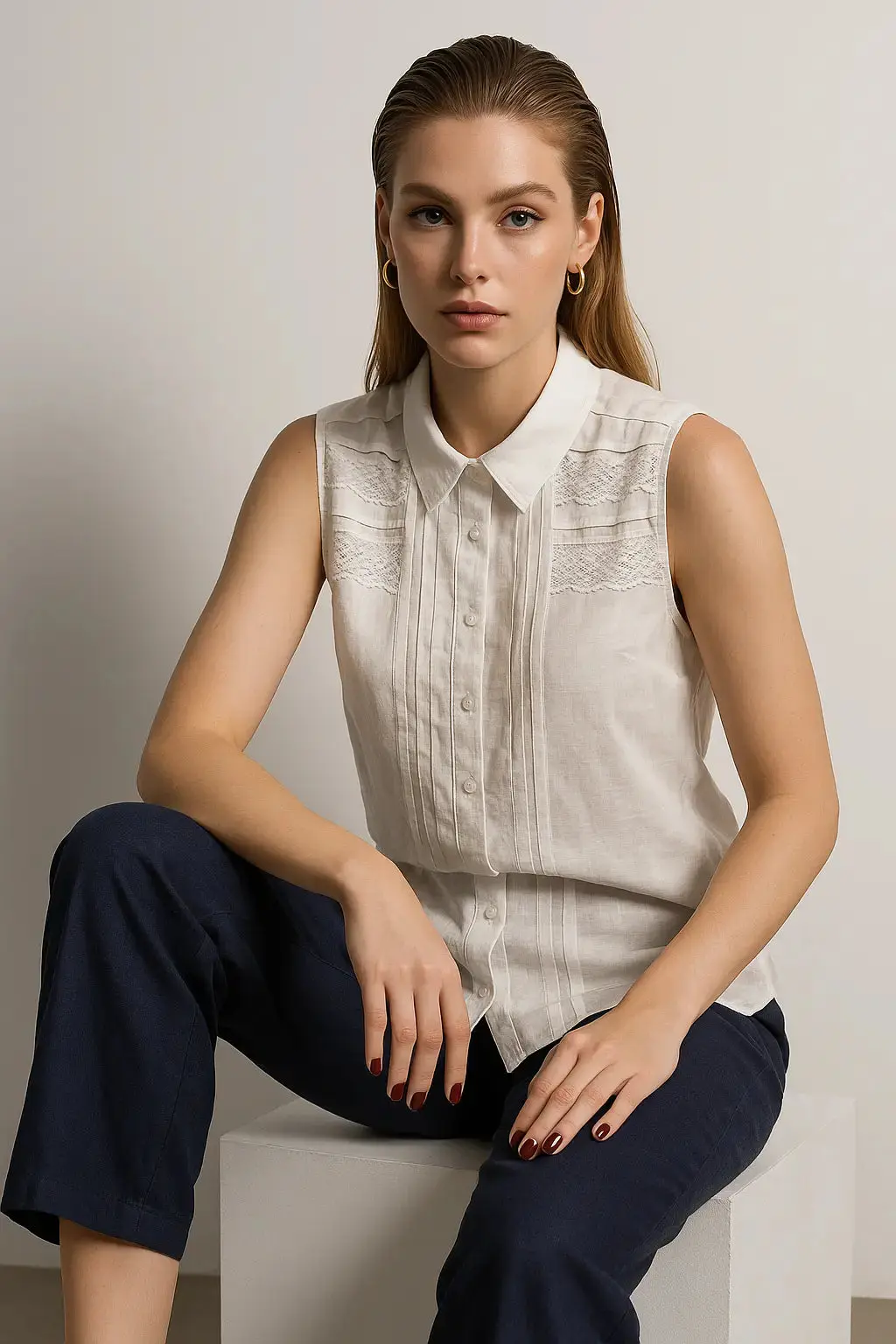 Camicia giromanica con colletto e trine in pizzo sul davanti - Image 2