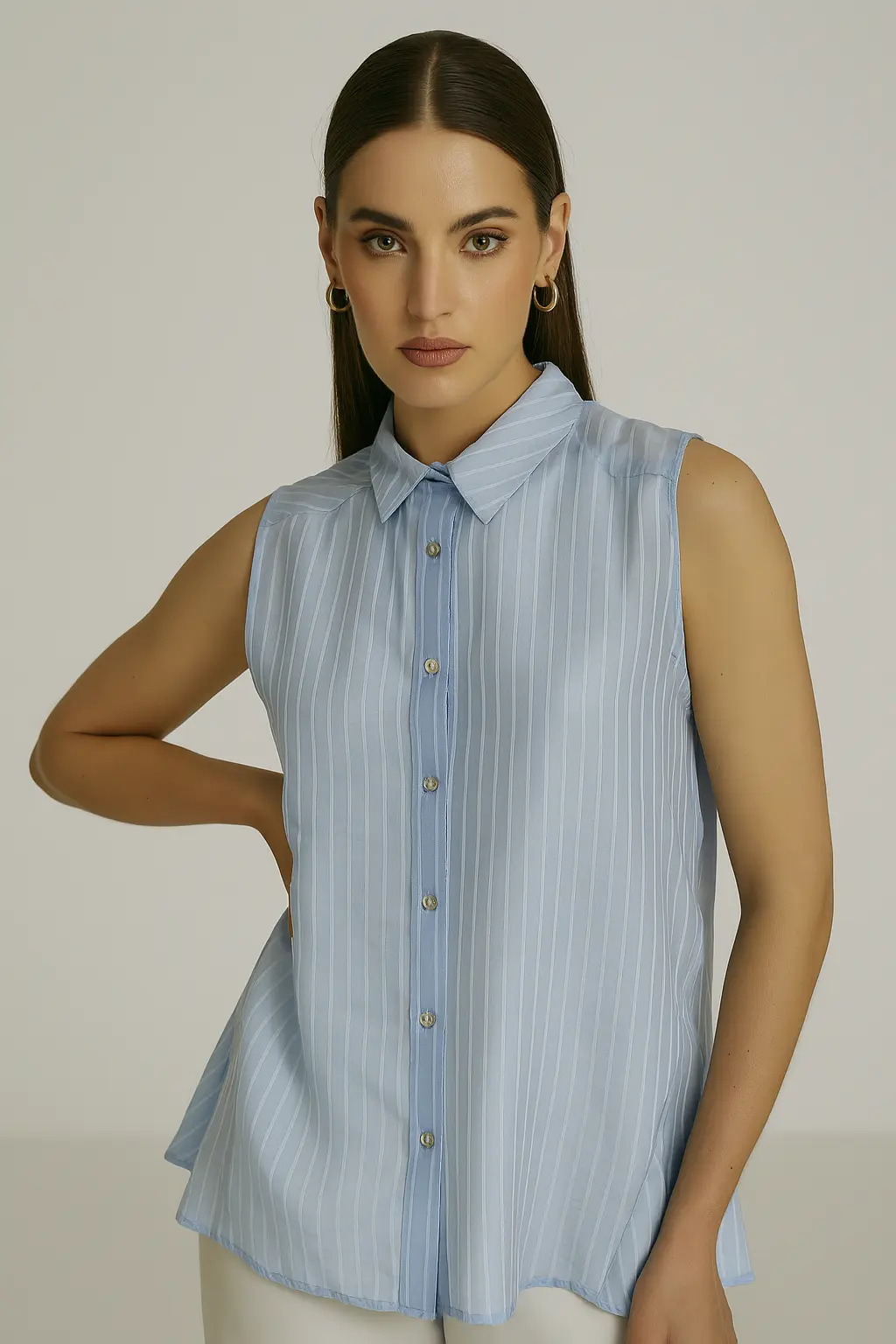 Camicia in mussola rigata a giromanica con godet laterali