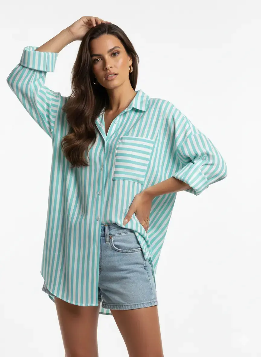 Camicia oversize con maniche lunghe risvoltate e taschino - Image 2