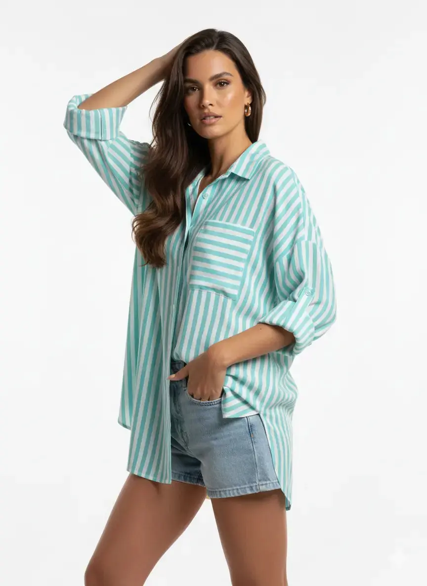 Camicia oversize con maniche lunghe risvoltate e taschino - Image 3
