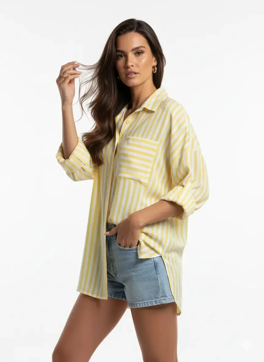 Camicia oversize con maniche lunghe risvoltate e taschino - Image 5