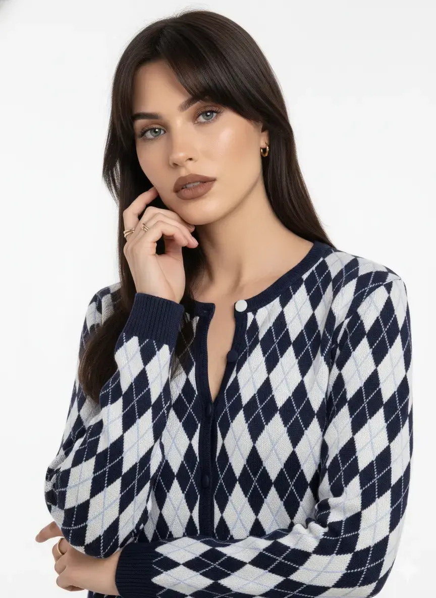 Cardigan girocollo con fantasia a rombi - Image 6