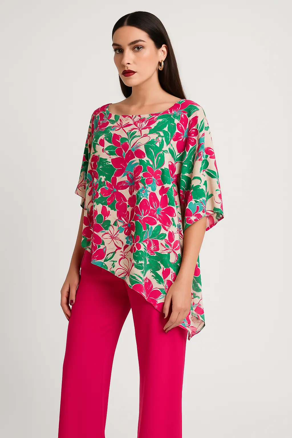 Completo con blusa asimmetrica stampata e pantaloni ampi stretch