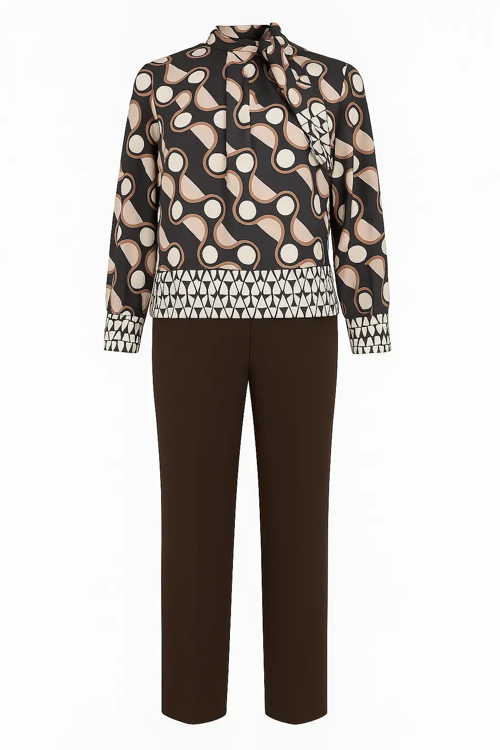 Completo con blusa fantasia e pantalone in tinta unita