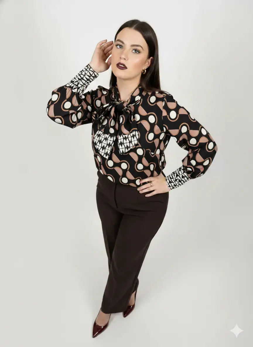 Completo con blusa fantasia e pantalone in tinta unita - Image 6