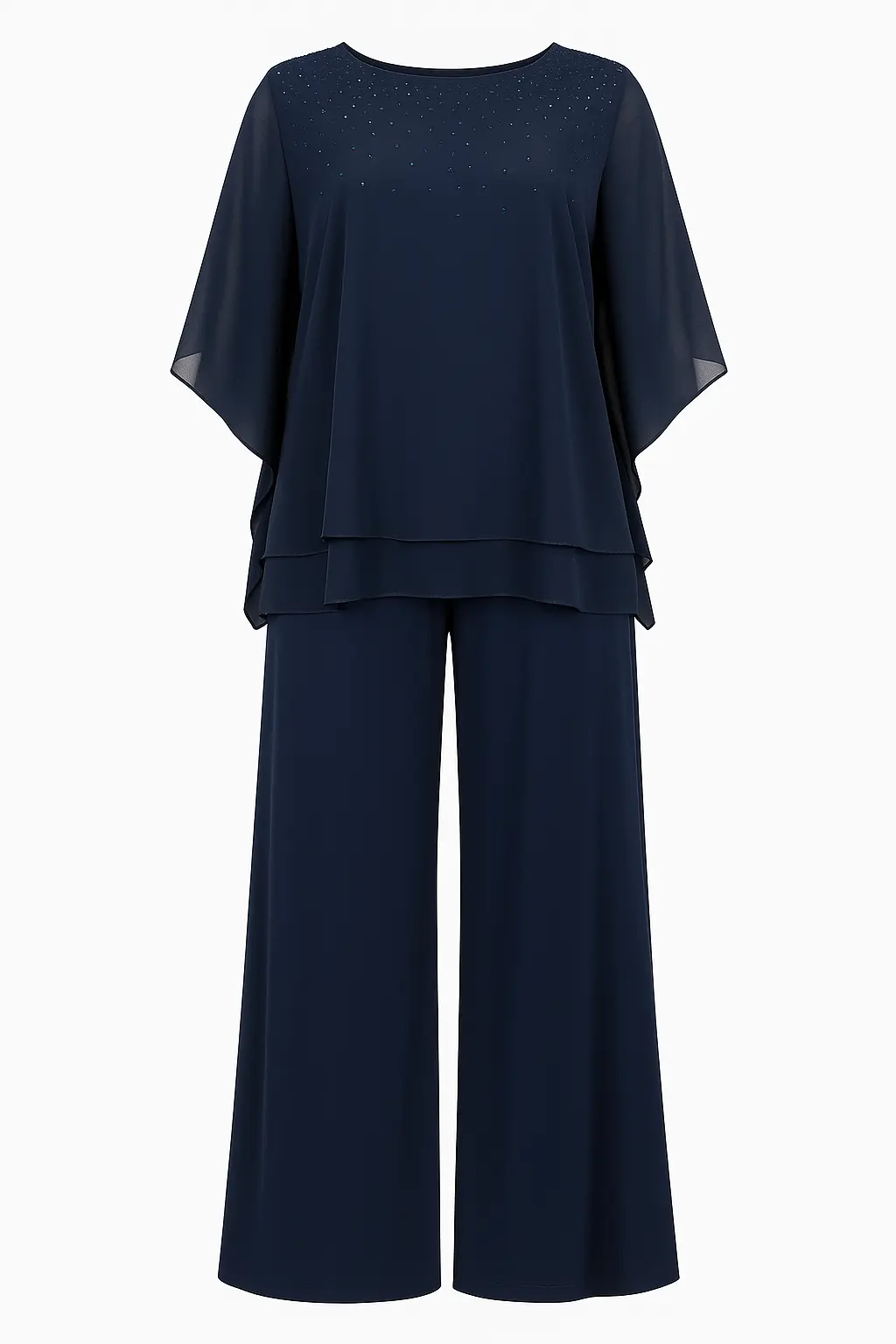 Completo con blusa kimono in georgette con strass e pantaloni a palazzo stretch