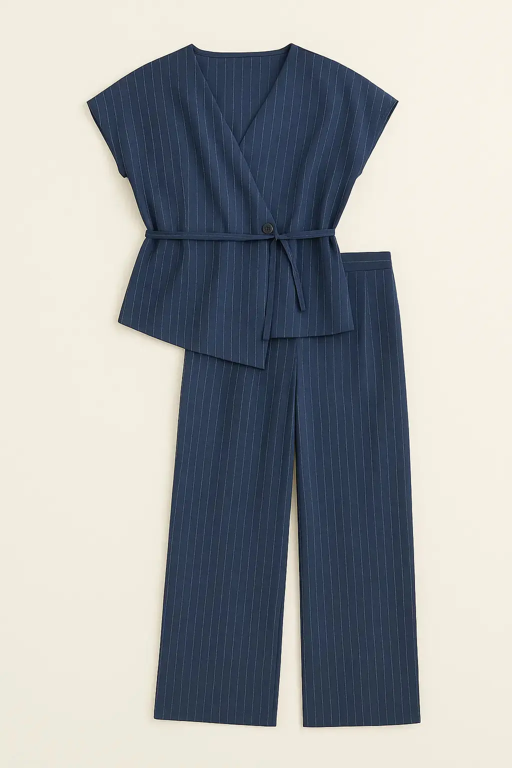 Completo gessato con gilet corto con fusciacca e pantaloni wide leg