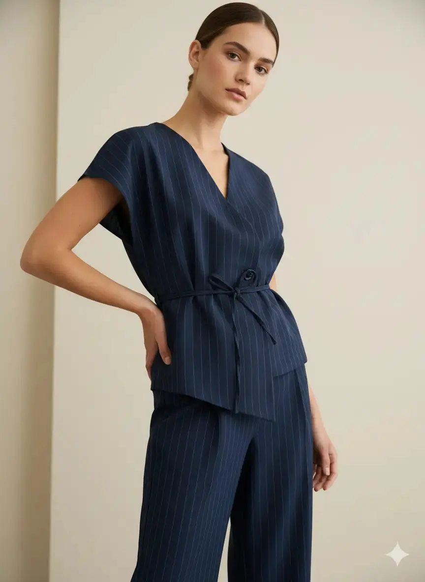 Completo gessato con gilet corto con fusciacca e pantaloni wide leg - Image 2
