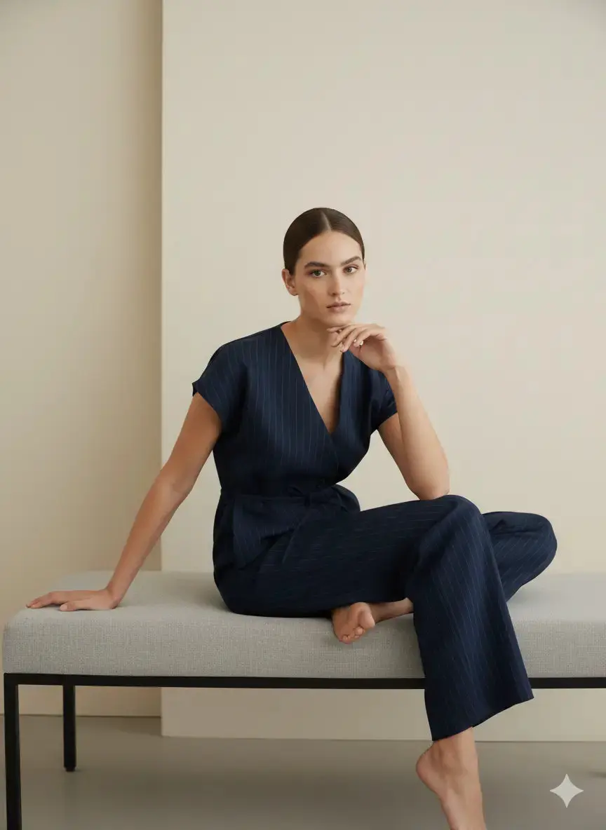 Completo gessato con gilet corto con fusciacca e pantaloni wide leg - Image 3