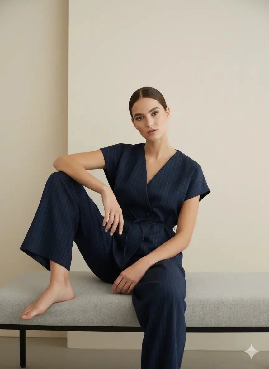Completo gessato con gilet corto con fusciacca e pantaloni wide leg - Image 4
