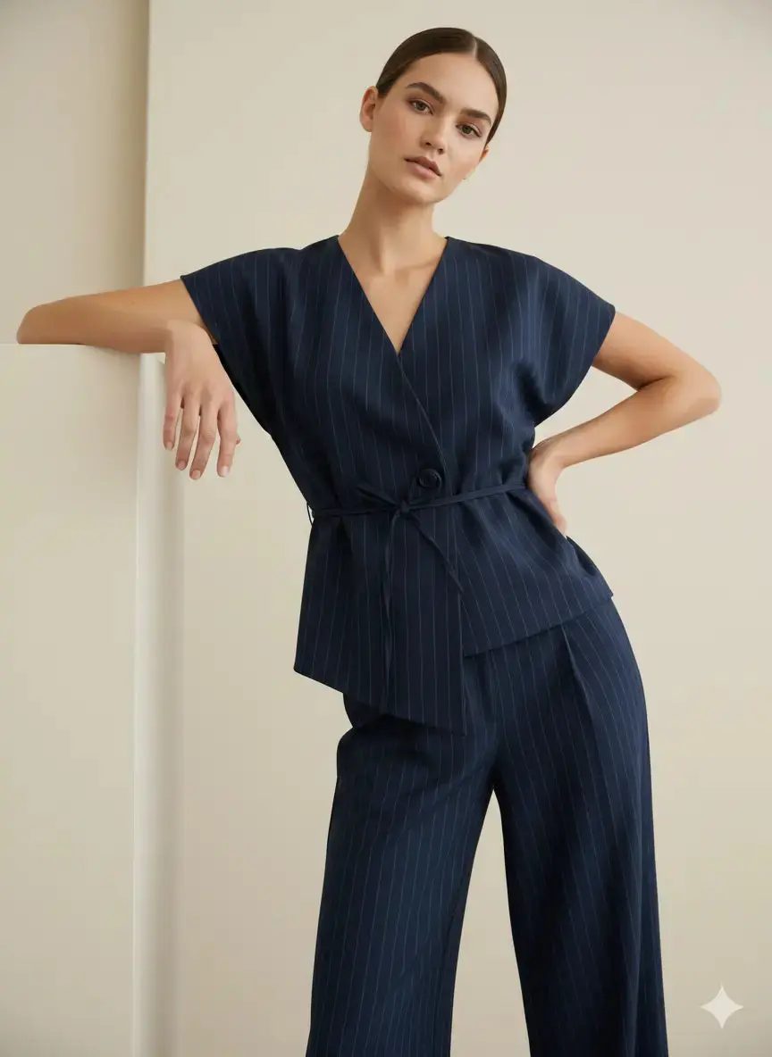 Completo gessato con gilet corto con fusciacca e pantaloni wide leg - Image 5